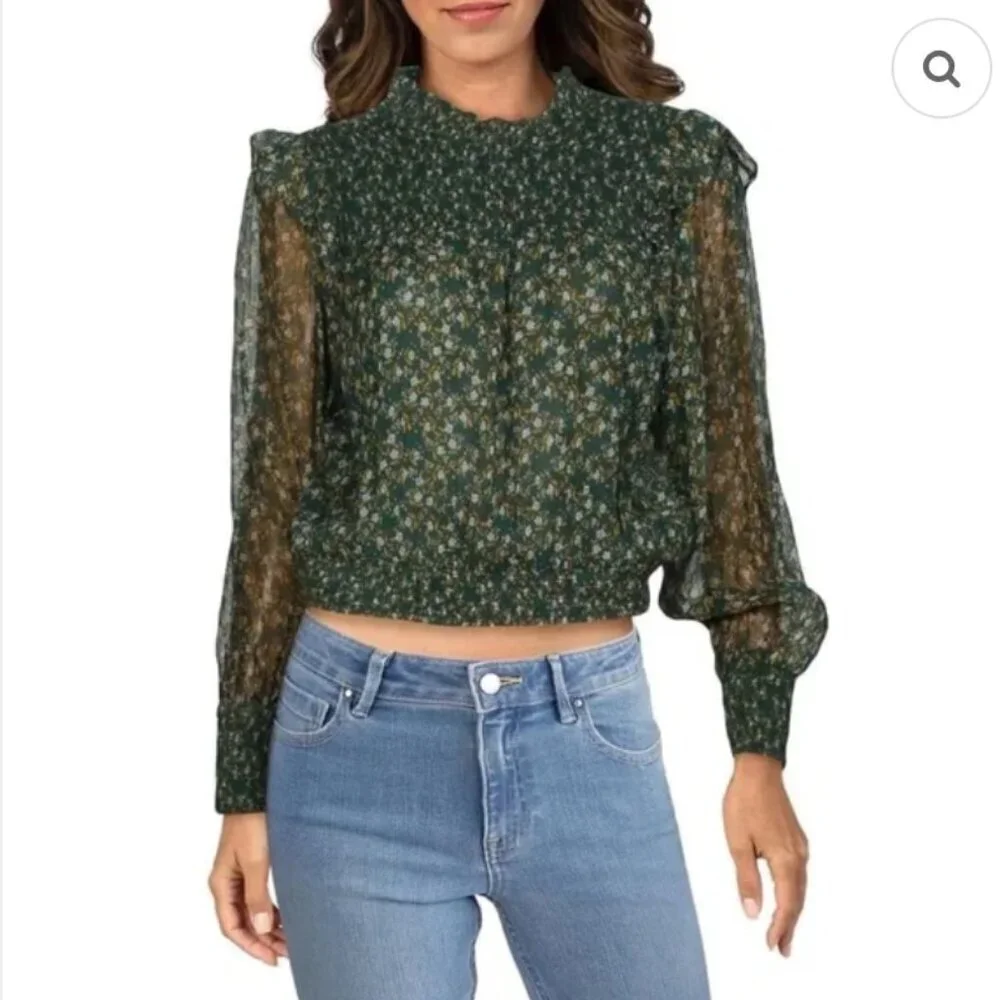 Free People Smocked Floral Roma Blouse in Forest Combo Womens Small Boho Indie